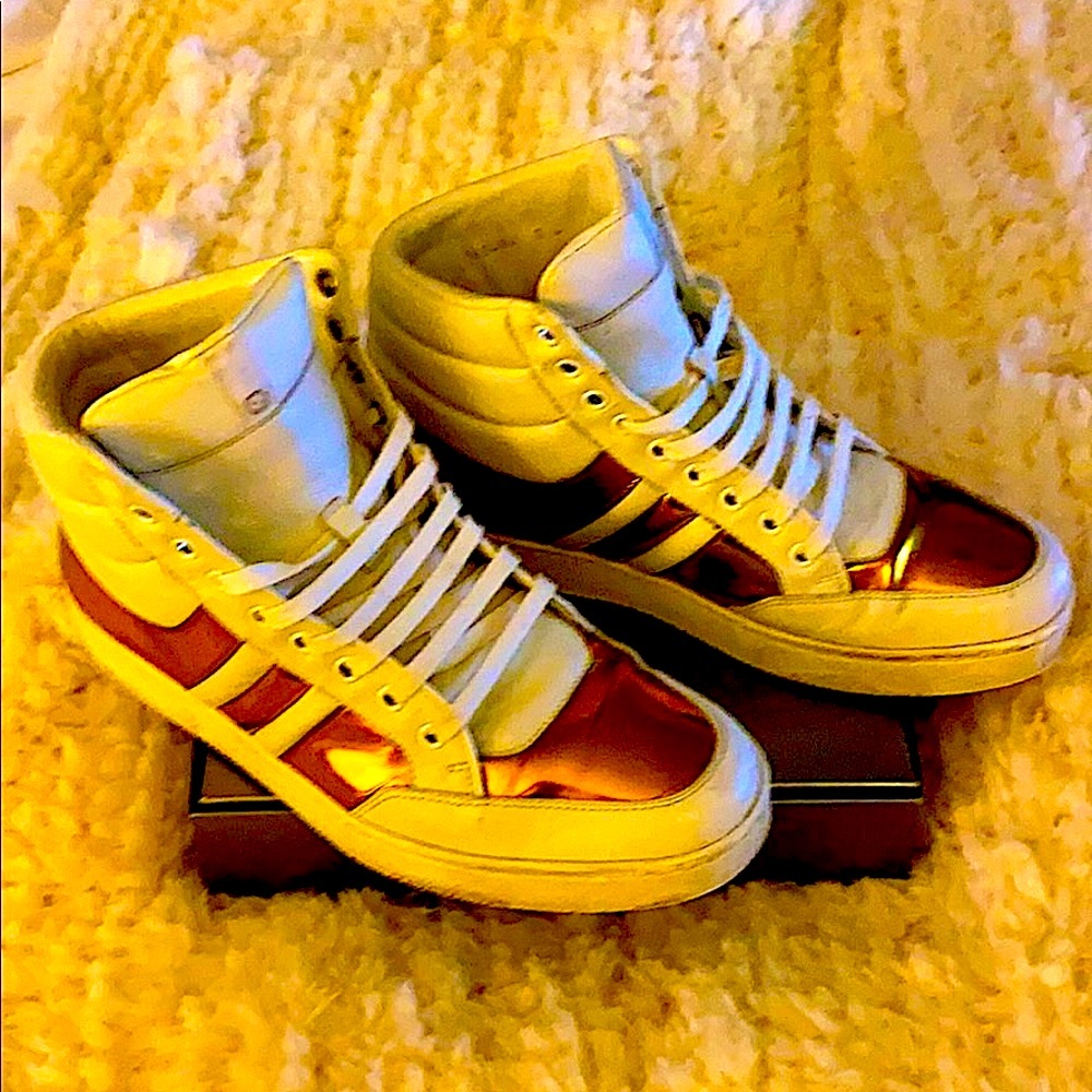 Gucci Men's High Top White/Gold Leather Sneaker